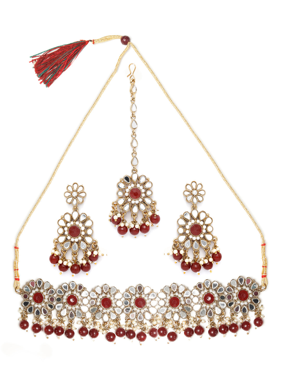 Priyaasi Women Mirror Studded Maroon Floral Jewellery Set - Swadesiicart