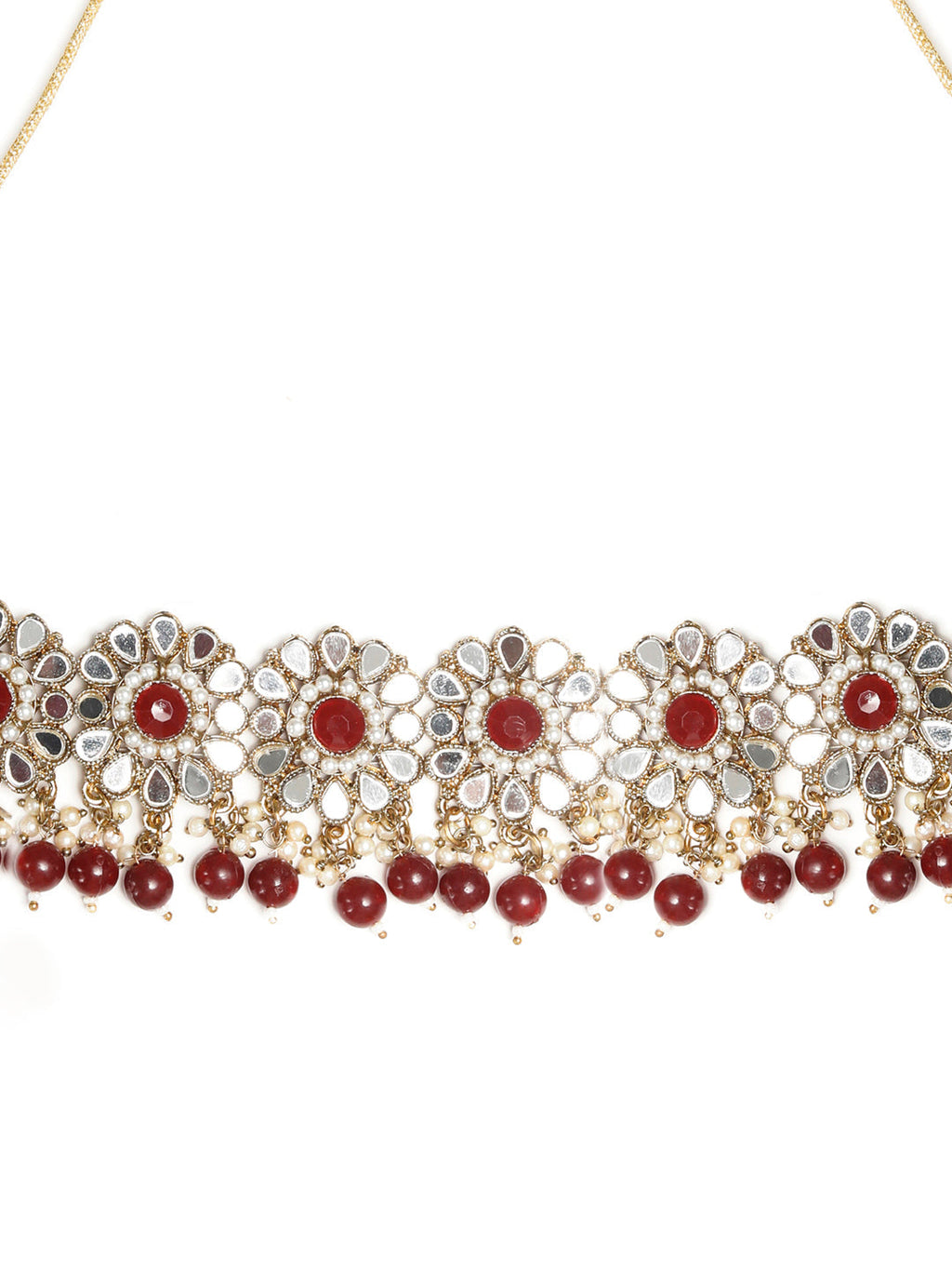 Priyaasi Women Mirror Studded Maroon Floral Jewellery Set - Swadesiicart
