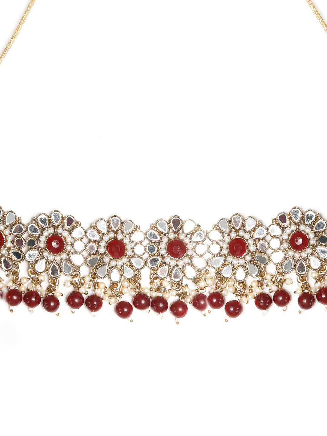 Priyaasi Women Mirror Studded Maroon Floral Jewellery Set - Swadesiicart