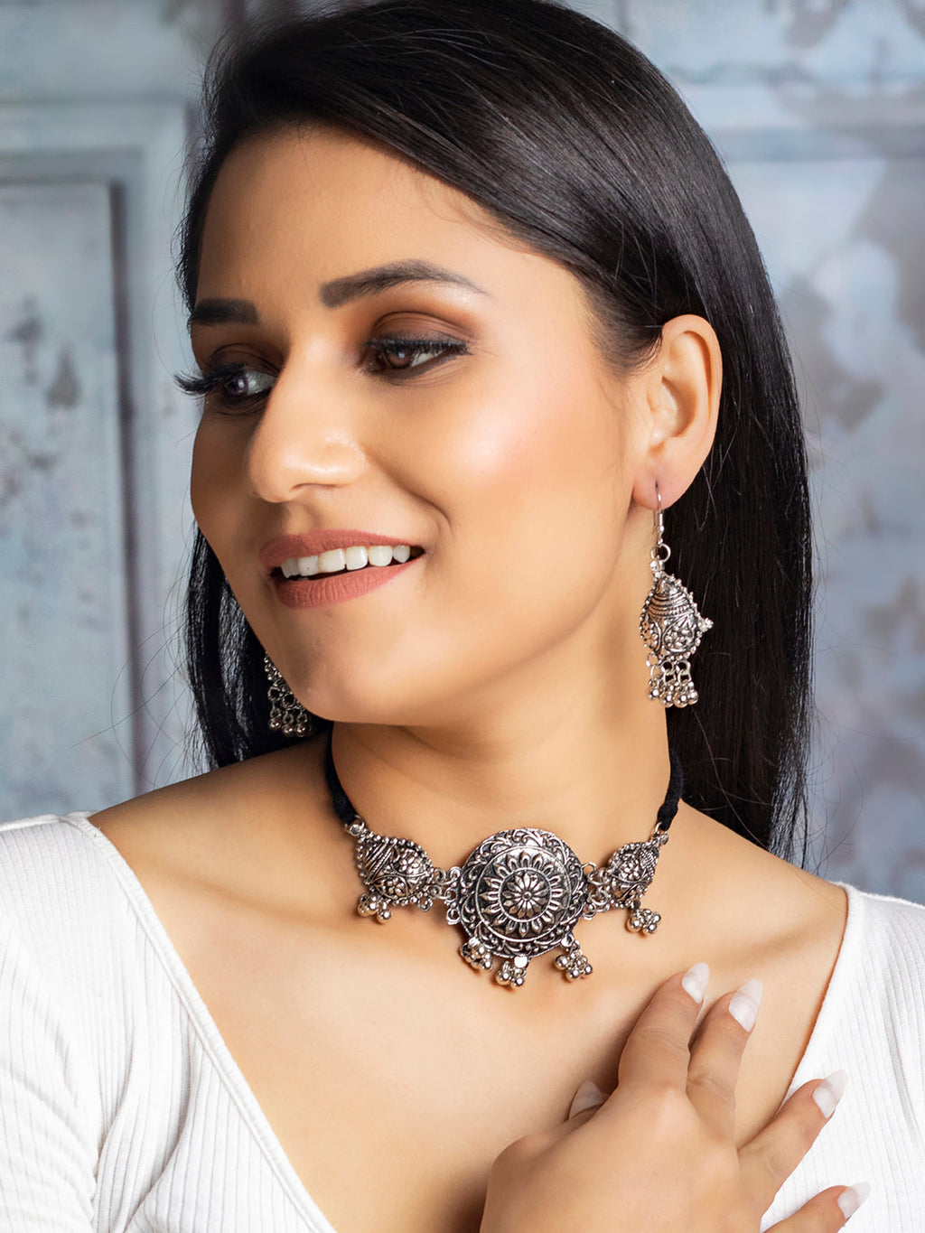 Priyaasi Women Tribal Floral Oxidised Jewellery Set - Swadesiicart