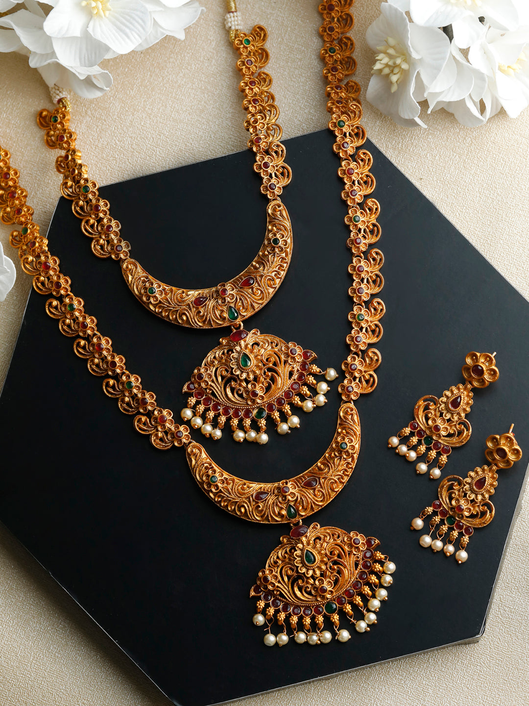 Priyaasi Women Traditional Gold-Polished Real Kemp Floral Jewelley Set - Noz2Toz