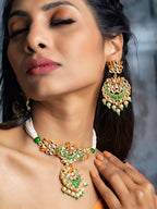 Priyaasi Women Kundan Green & Gold Lotus Meenakari Jewellery Set - Swadesiicart