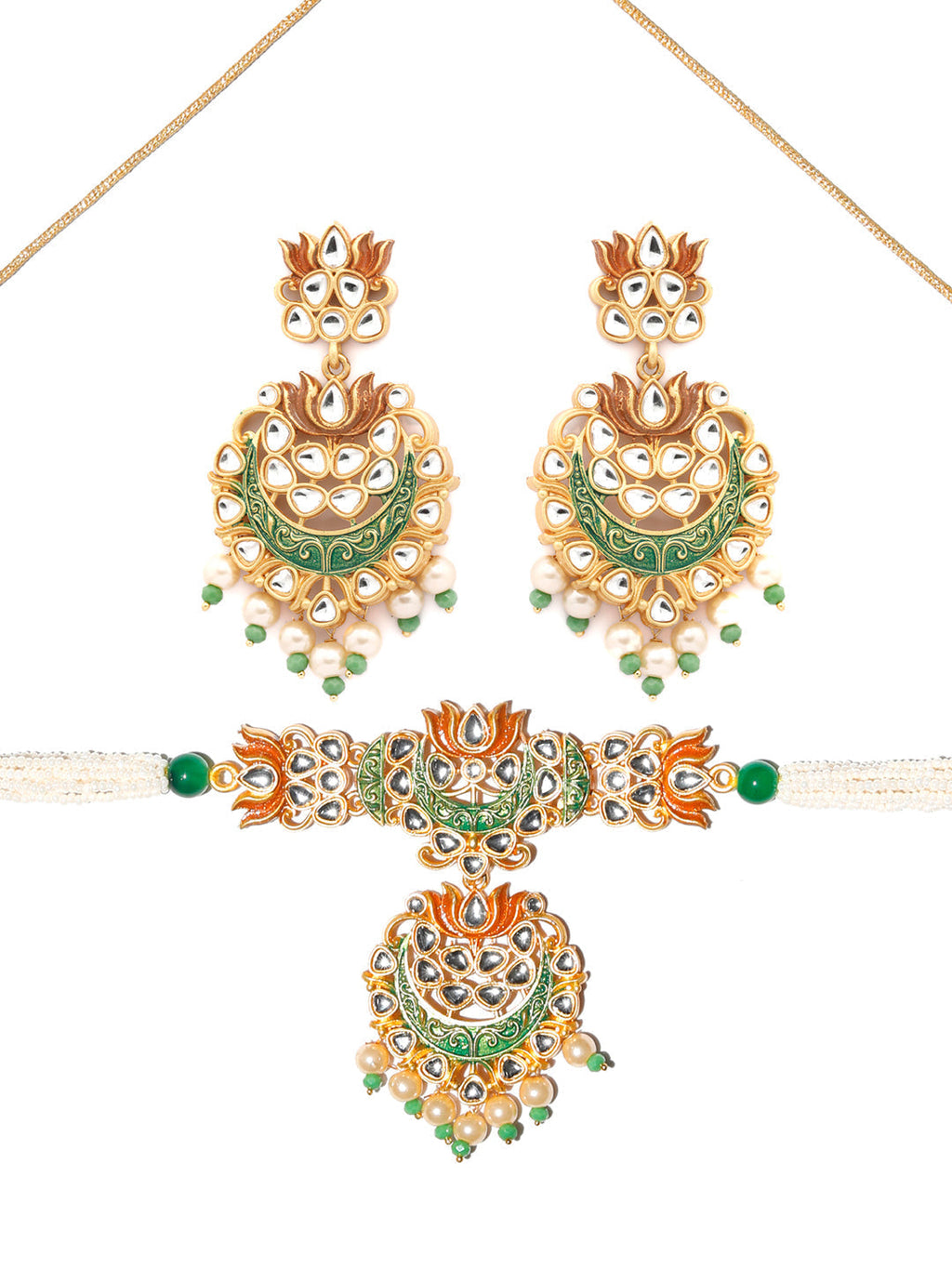 Priyaasi Women Kundan Green & Gold Lotus Meenakari Jewellery Set - Swadesiicart