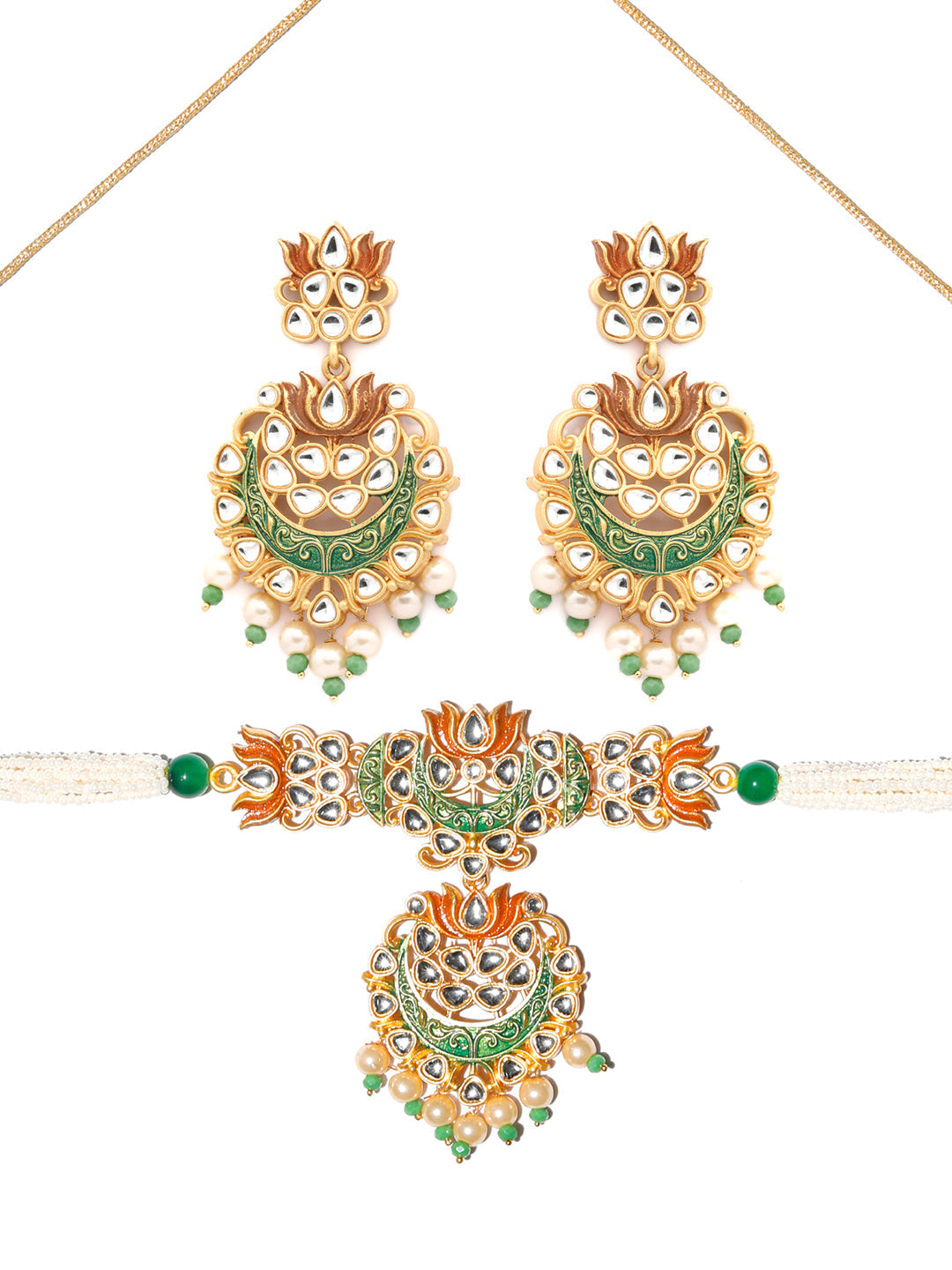 Priyaasi Women Kundan Green & Gold Lotus Meenakari Jewellery Set - Swadesiicart