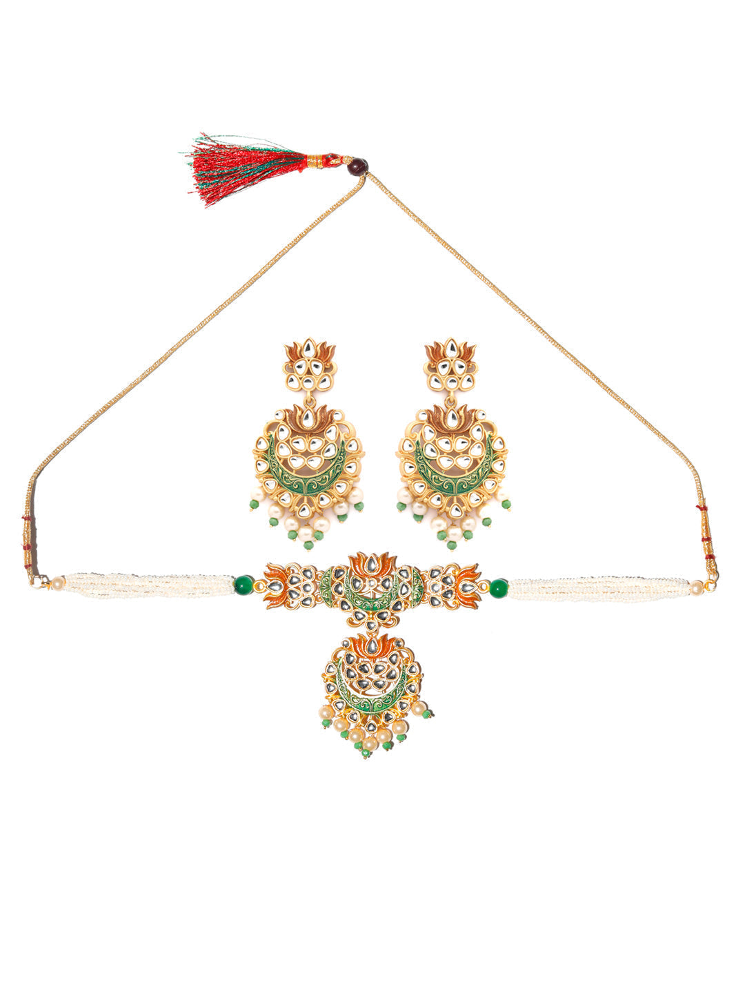Priyaasi Women Kundan Green & Gold Lotus Meenakari Jewellery Set - Swadesiicart