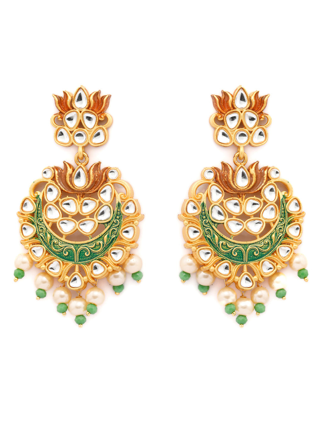 Priyaasi Women Kundan Green & Gold Lotus Meenakari Jewellery Set - Swadesiicart