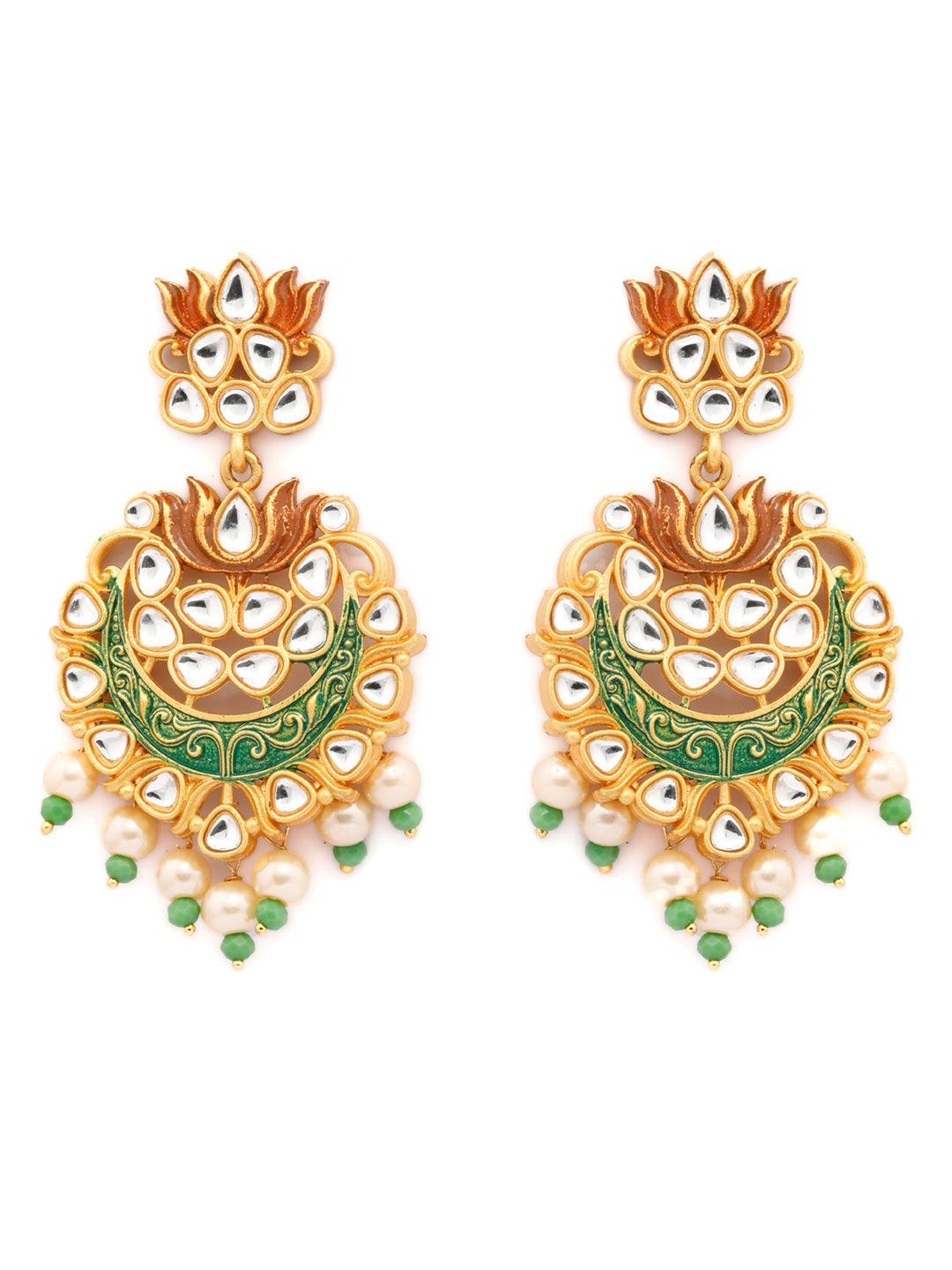 Priyaasi Women Kundan Green & Gold Lotus Meenakari Jewellery Set - Swadesiicart