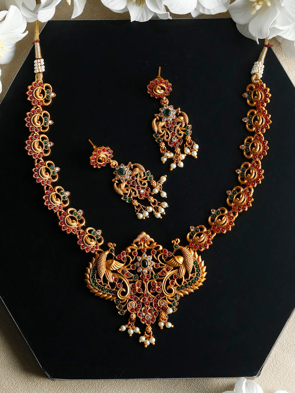 Priyaasi Women Traditional Real Kemp Gold-Polished Peacock Jewellery Set - Noz2Toz