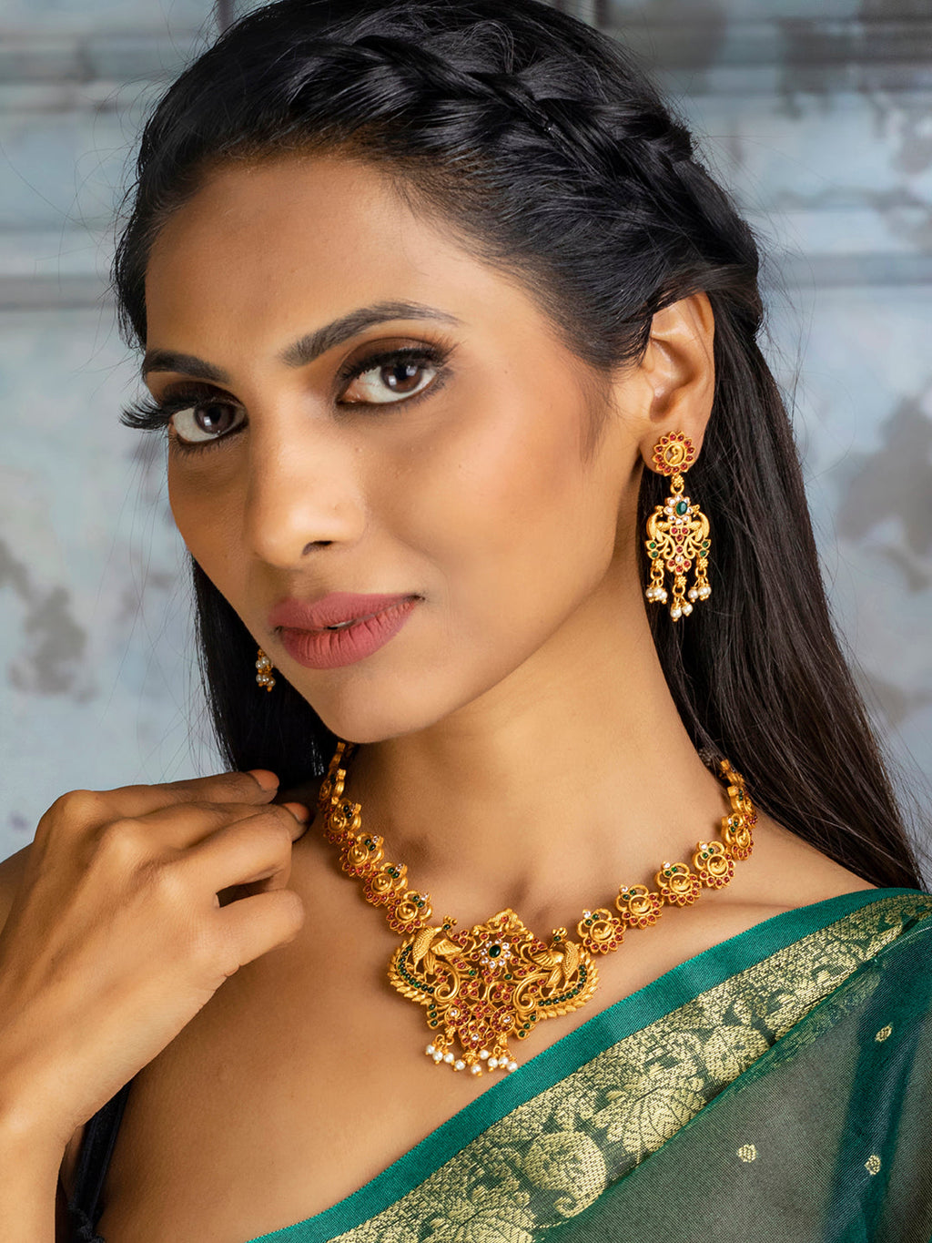 Priyaasi Women Traditional Real Kemp Gold-Polished Peacock Jewellery Set - Swadesiicart