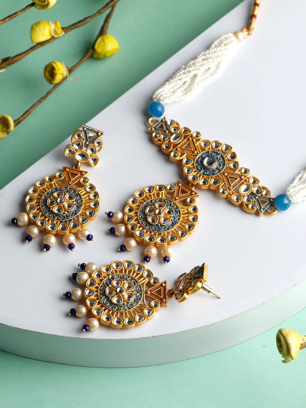 Priyaasi Women Ethnic Gold & Blue Kundan Studded Meenakari Jewellery Set - Noz2Toz