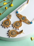 Priyaasi Women Ethnic Gold & Blue Kundan Studded Meenakari Jewellery Set - Noz2Toz