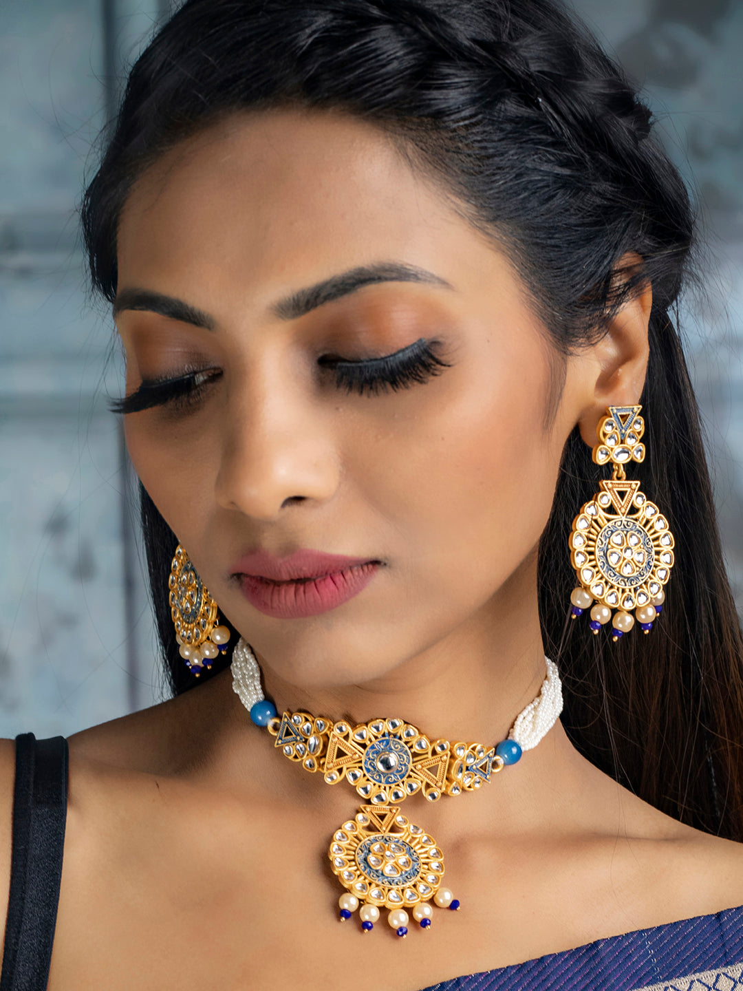 Priyaasi Women Ethnic Gold & Blue Kundan Studded Meenakari Jewellery Set - Swadesiicart