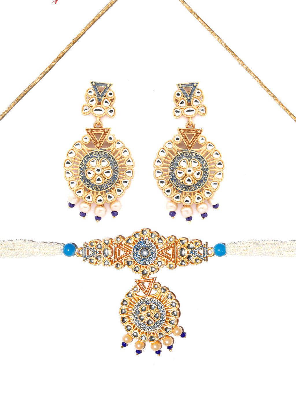 Priyaasi Women Ethnic Gold & Blue Kundan Studded Meenakari Jewellery Set - Swadesiicart