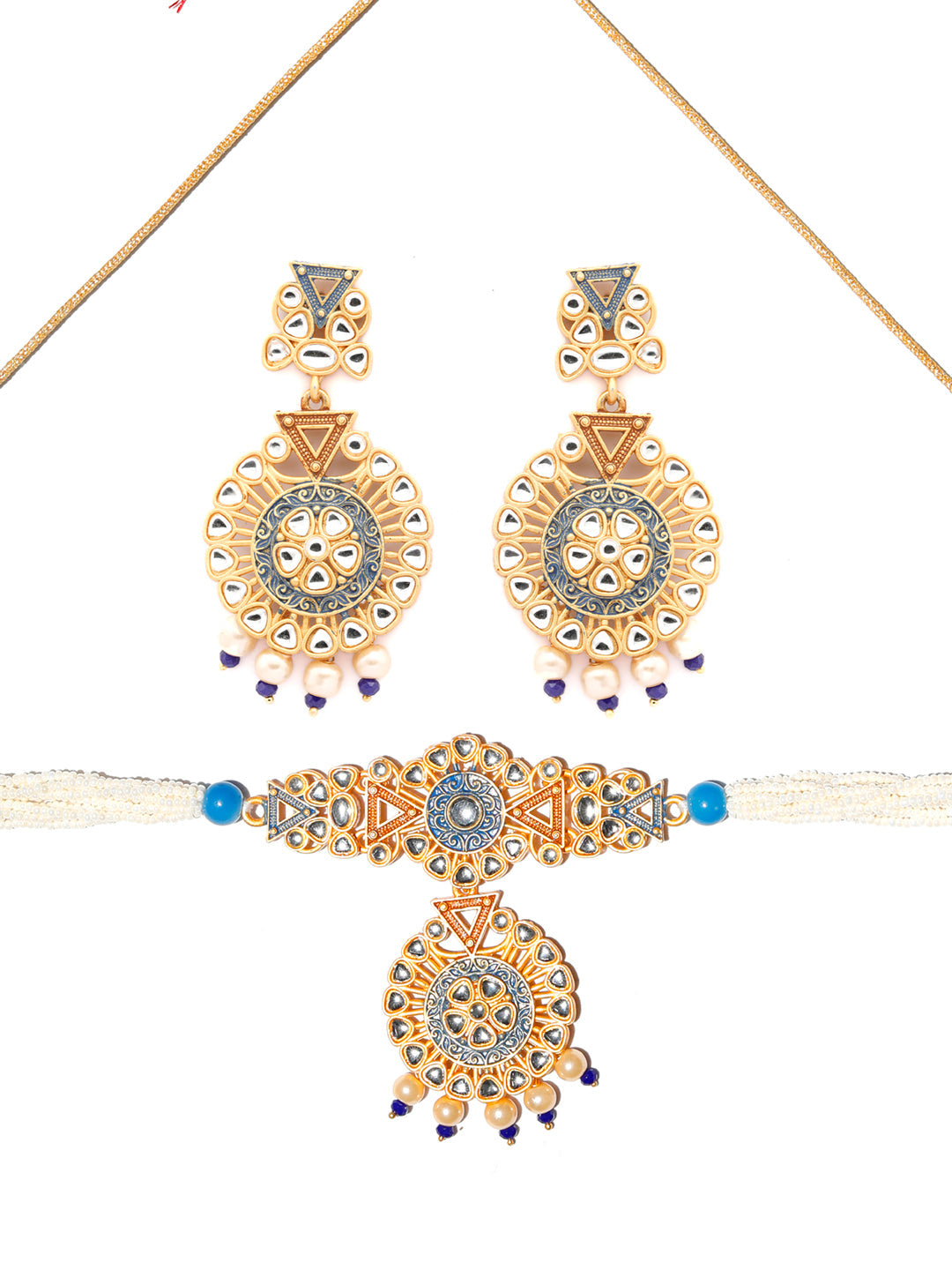 Priyaasi Women Ethnic Gold & Blue Kundan Studded Meenakari Jewellery Set - Swadesiicart