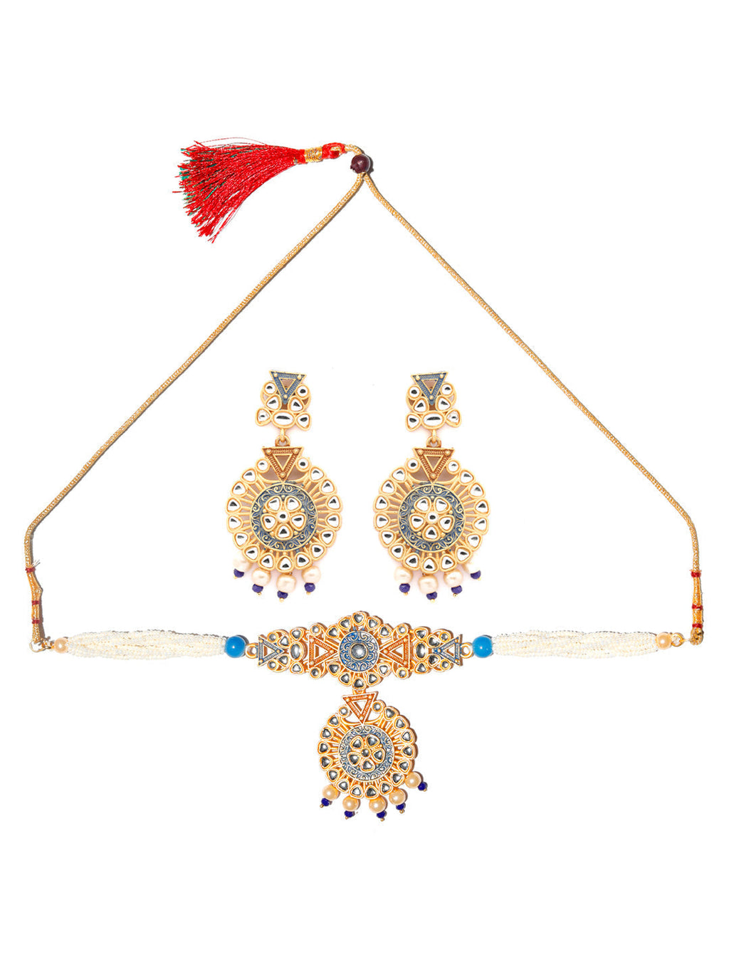 Priyaasi Women Ethnic Gold & Blue Kundan Studded Meenakari Jewellery Set - Swadesiicart