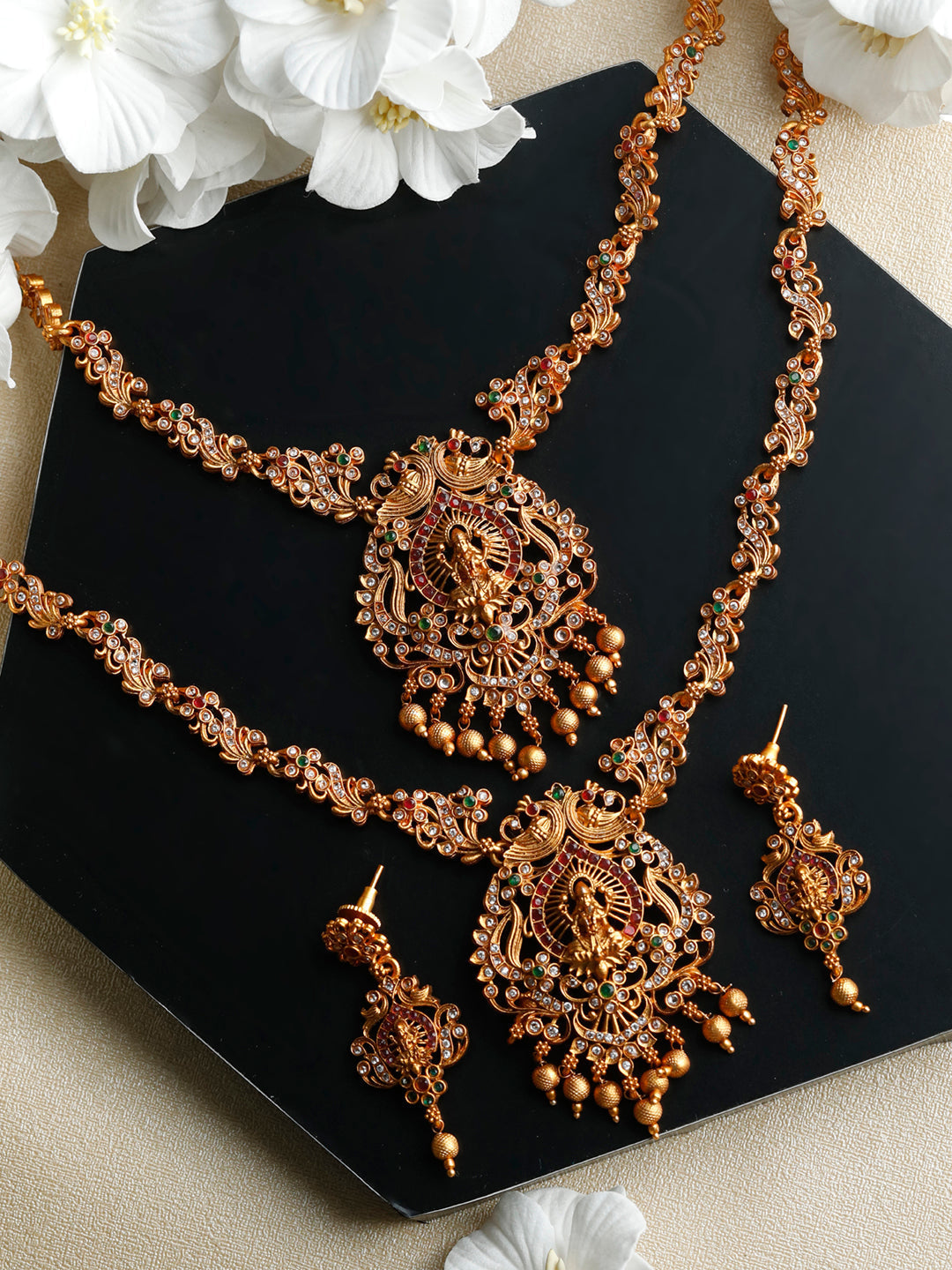 Priyaasi Women Traditional Gold-Polished Real Kemp Goddess Laxmi Jewelley Set - Noz2Toz