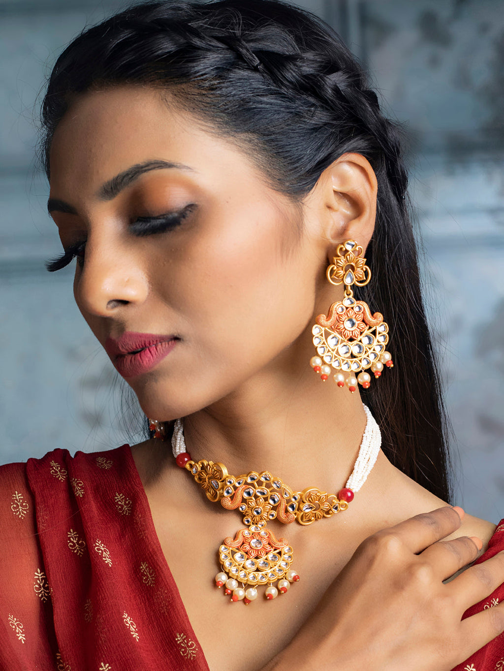 Priyaasi Women Ethnic Gold & Red Floral Meenakari Jewellery Set - Swadesiicart
