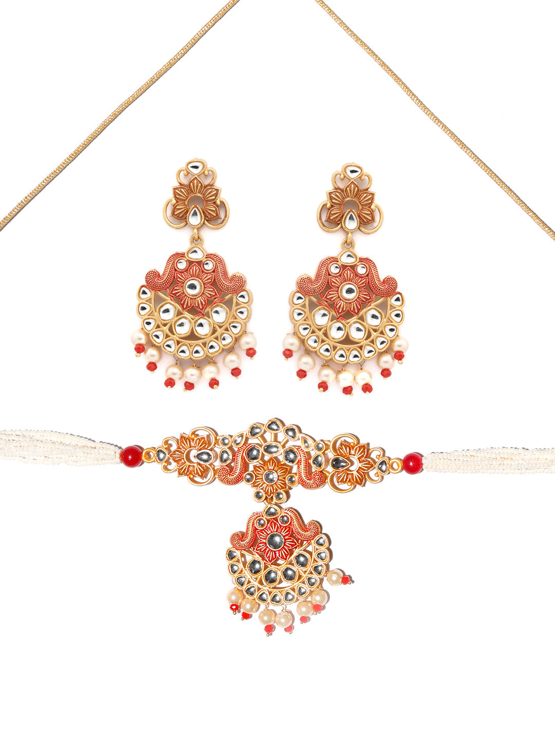 Priyaasi Women Ethnic Gold & Red Floral Meenakari Jewellery Set - Swadesiicart
