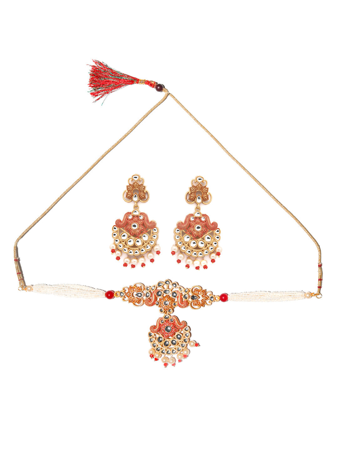 Priyaasi Women Ethnic Gold & Red Floral Meenakari Jewellery Set - Swadesiicart