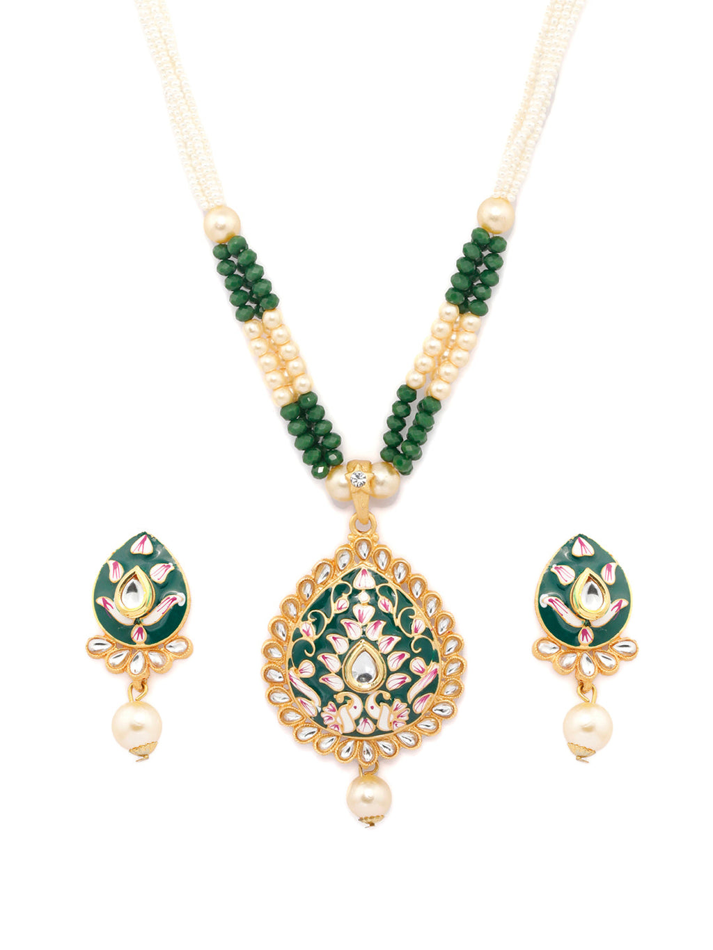 Priyaasi Women Gold & Green Kundan Studded Meenakari Jewellery Set - Swadesiicart