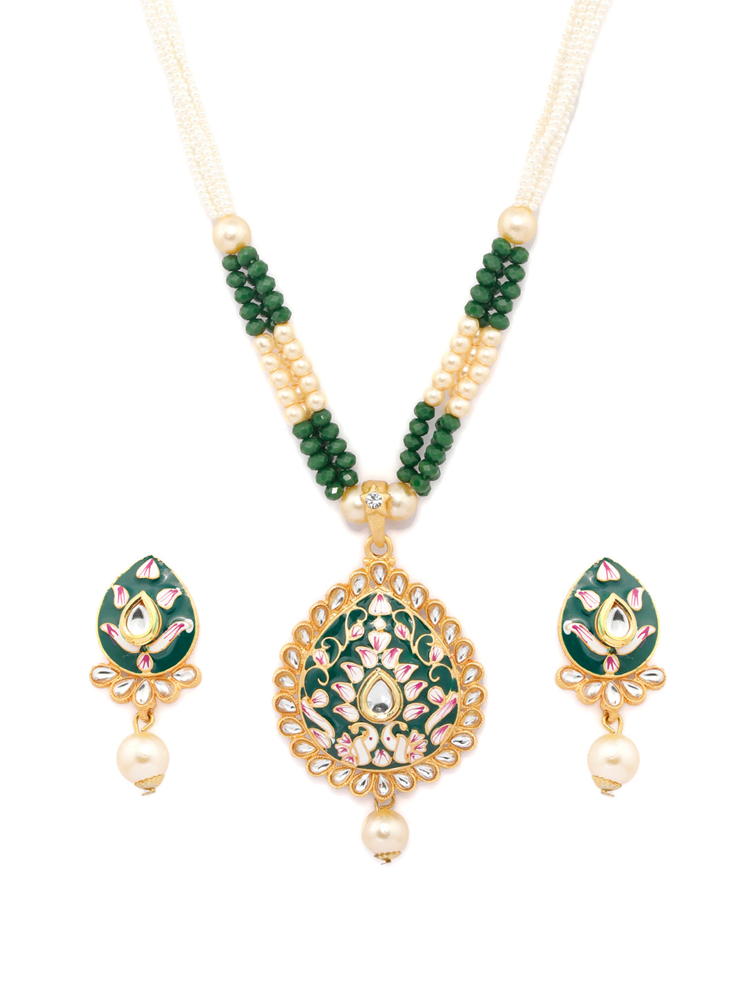 Priyaasi Women Gold & Green Kundan Studded Meenakari Jewellery Set - Swadesiicart