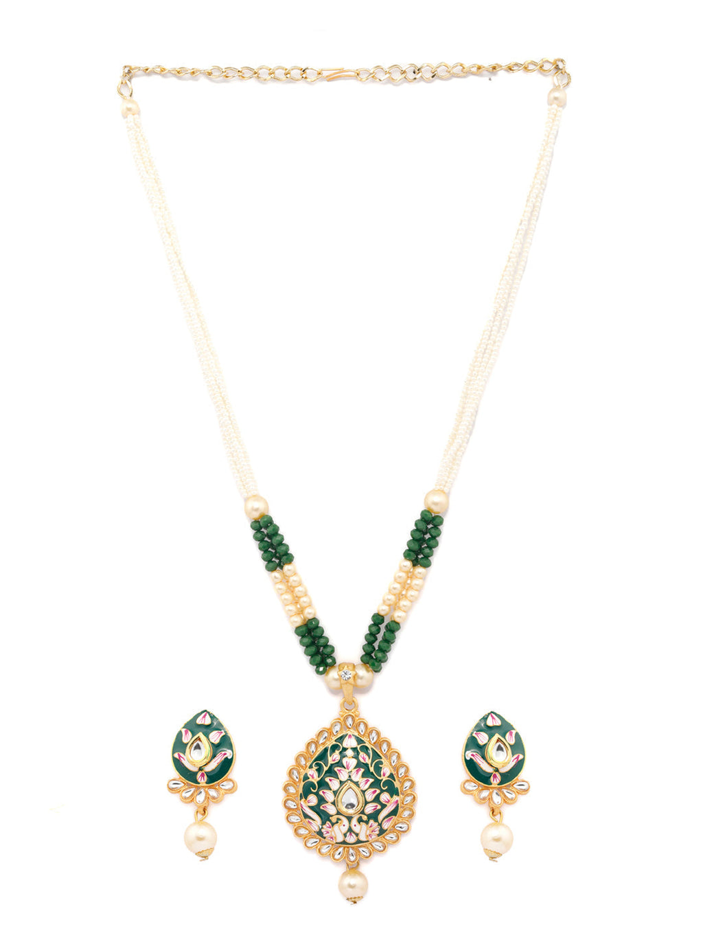 Priyaasi Women Gold & Green Kundan Studded Meenakari Jewellery Set - Swadesiicart