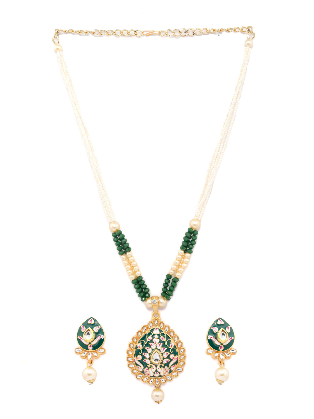 Priyaasi Women Gold & Green Kundan Studded Meenakari Jewellery Set - Swadesiicart