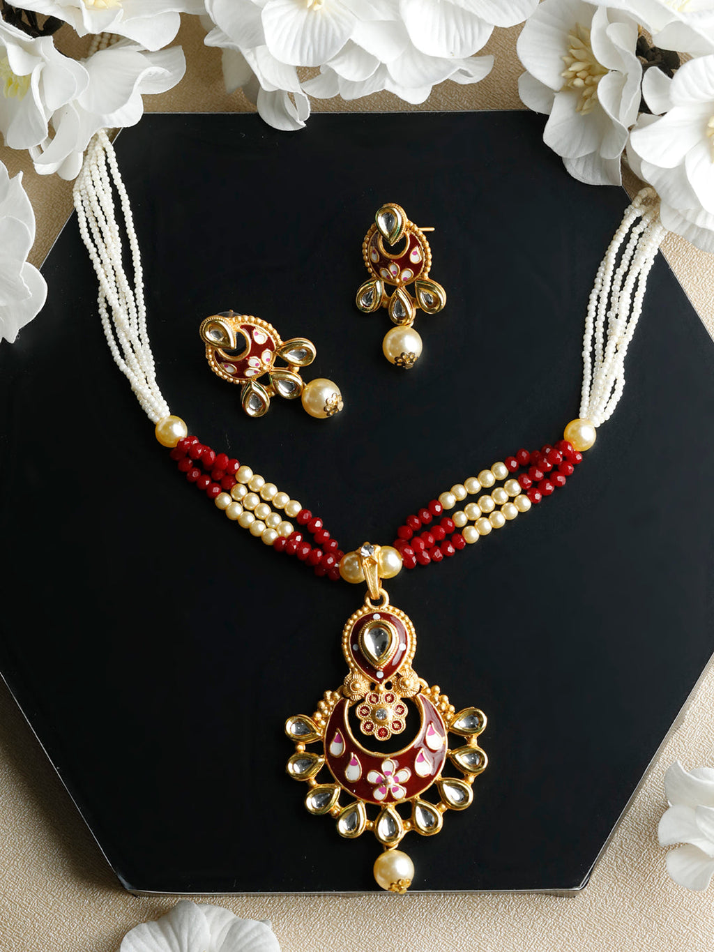 Priyaasi Women Ethnic Gold & Red Kundan Meenakari Jewellery Set - Noz2Toz