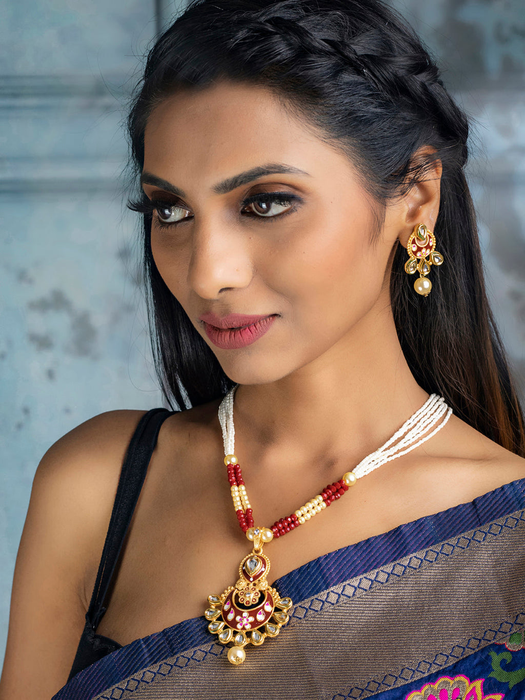 Priyaasi Women Ethnic Gold & Red Kundan Meenakari Jewellery Set - Swadesiicart