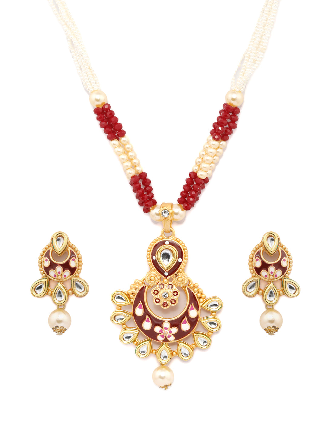 Priyaasi Women Ethnic Gold & Red Kundan Meenakari Jewellery Set - Swadesiicart