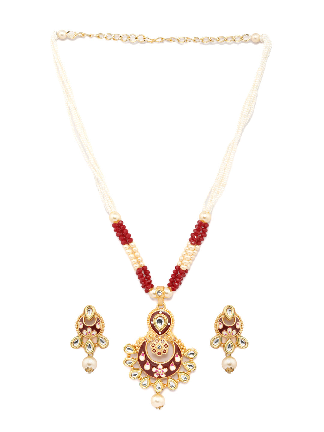 Priyaasi Women Ethnic Gold & Red Kundan Meenakari Jewellery Set - Swadesiicart
