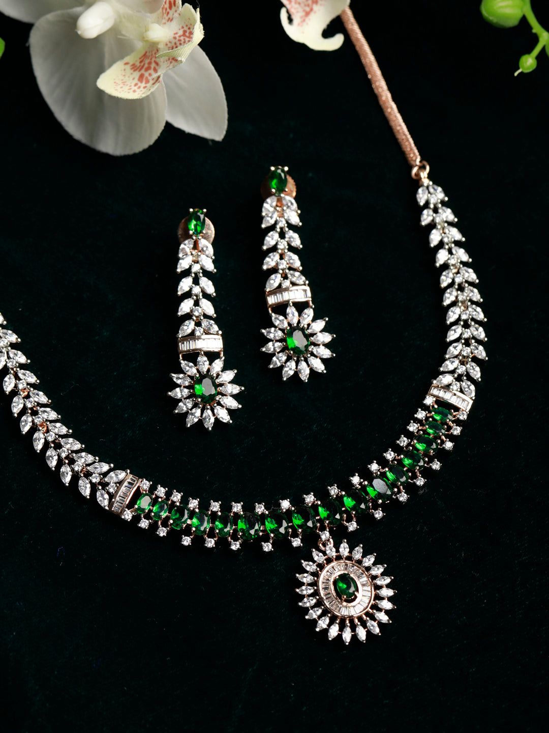 Priyaasi Women Green American Diamond Rose Gold Jewellery Set - Noz2Toz