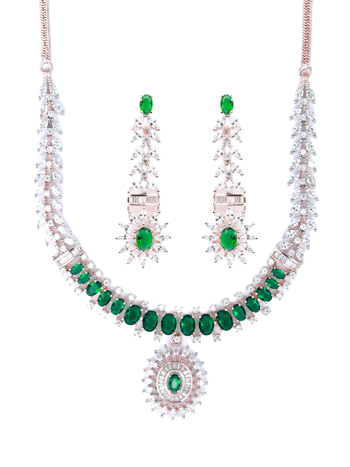 Priyaasi Women Green American Diamond Rose Gold Jewellery Set - Swadesiicart