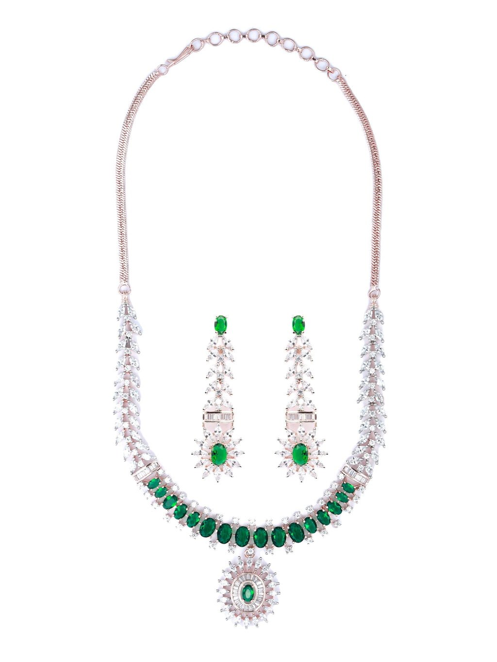 Priyaasi Women Green American Diamond Rose Gold Jewellery Set - Swadesiicart