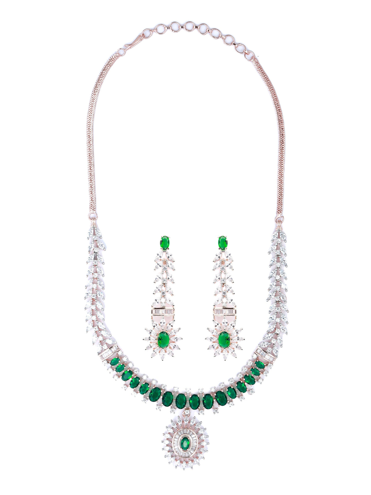 Priyaasi Women Green American Diamond Rose Gold Jewellery Set - Swadesiicart