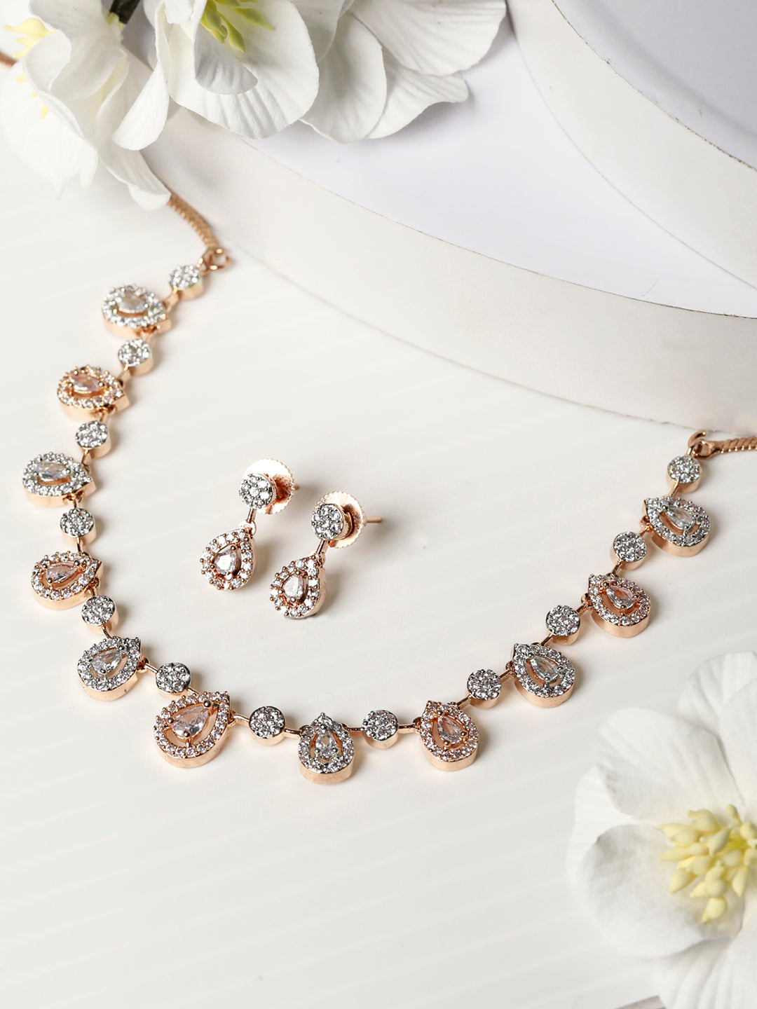 Priyaasi Women Elegant Teardrop Shaped American Diamond Rose Gold Jewellery Set - Noz2Toz