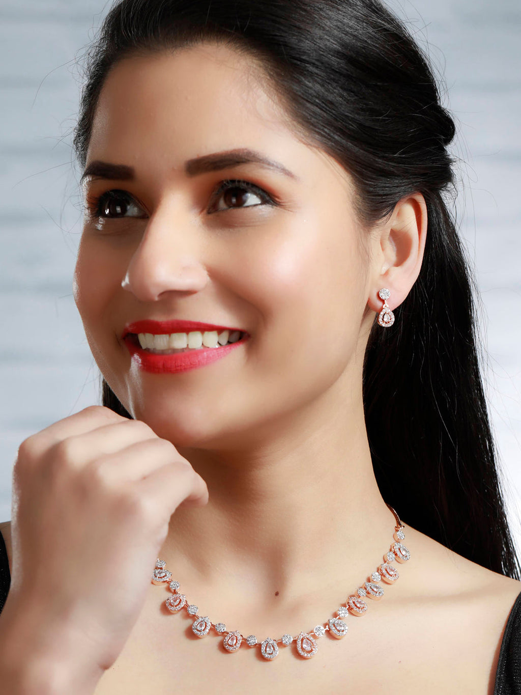 Priyaasi Women Elegant Teardrop Shaped American Diamond Rose Gold Jewellery Set - Swadesiicart