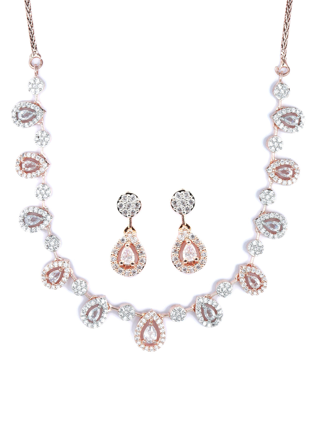 Priyaasi Women Elegant Teardrop Shaped American Diamond Rose Gold Jewellery Set - Swadesiicart