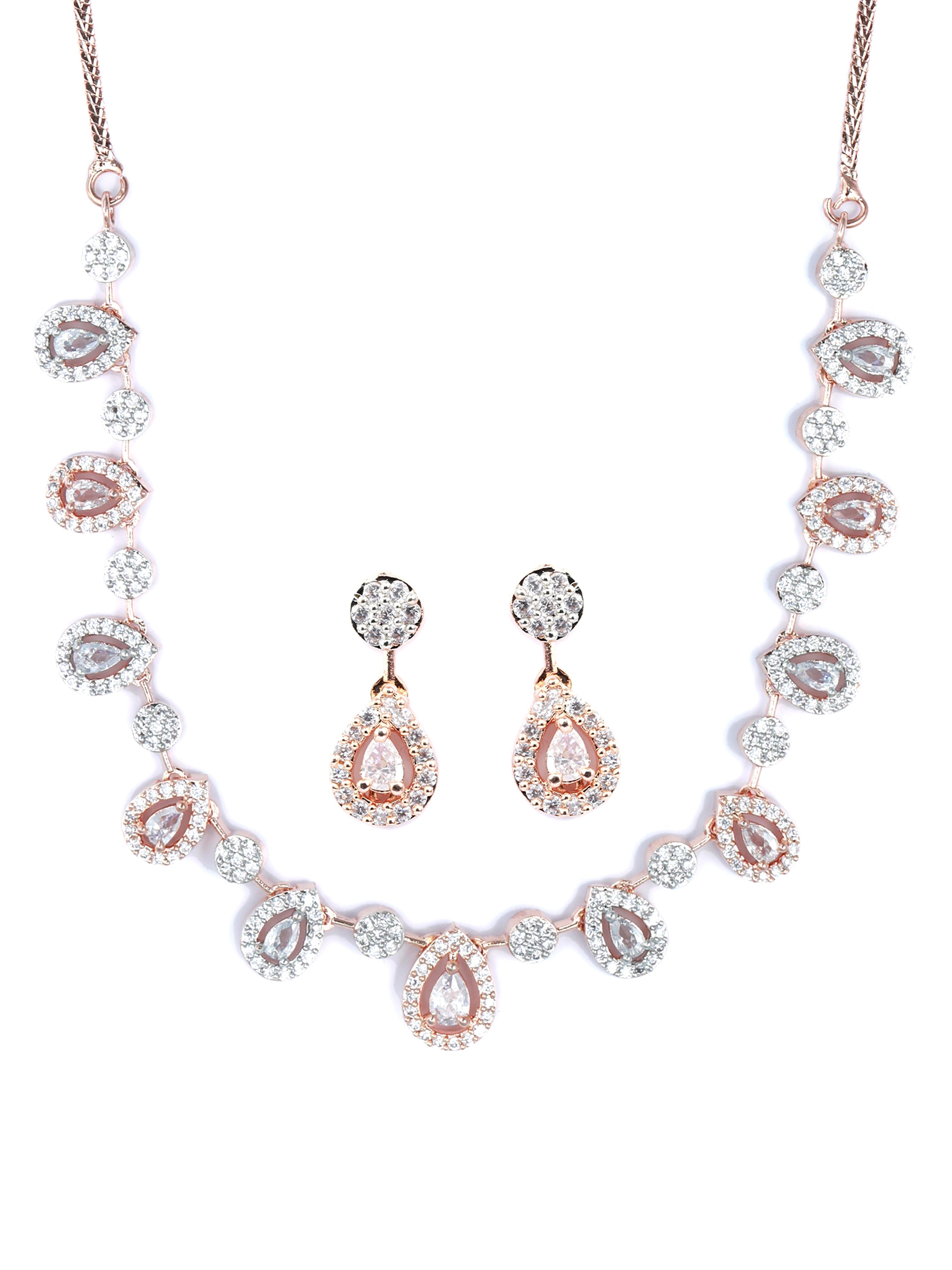 Priyaasi Women Elegant Teardrop Shaped American Diamond Rose Gold Jewellery Set - Swadesiicart