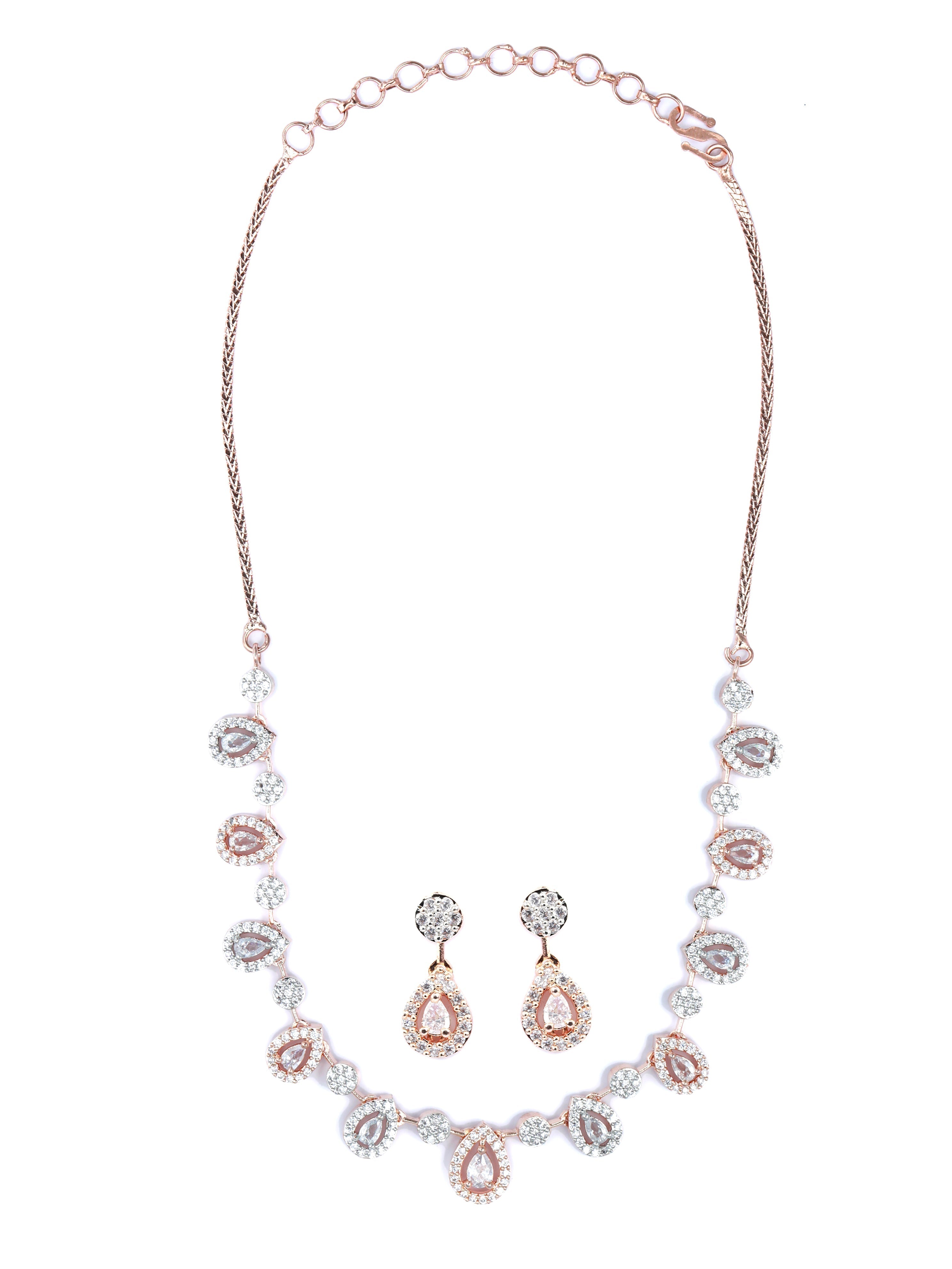 Priyaasi Women Elegant Teardrop Shaped American Diamond Rose Gold Jewellery Set - Swadesiicart