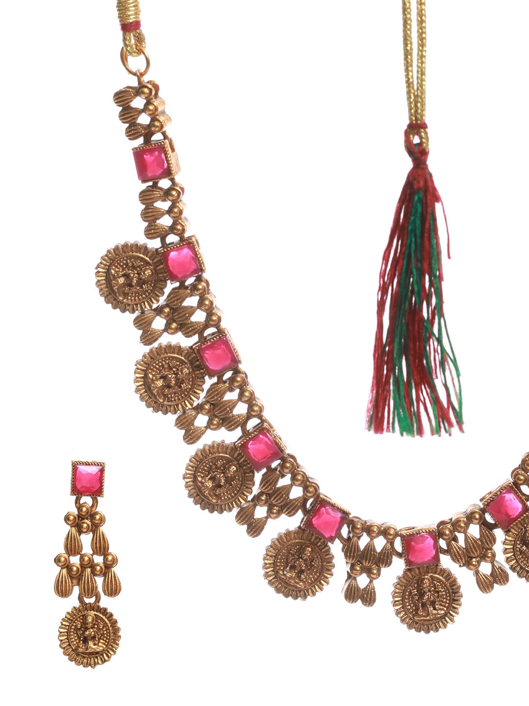 Priyaasi Women Goddess Laxmi Pink Stone Studded Gold-Polished Jewellery Set - Swadesiicart