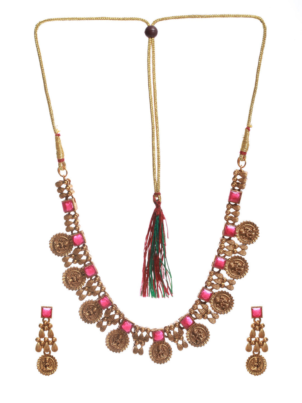 Priyaasi Women Goddess Laxmi Pink Stone Studded Gold-Polished Jewellery Set - Swadesiicart