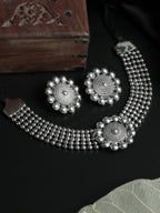 Priyaasi Women Oxidised Silver Floral Multilayer Chain Jewellery Set - Noz2Toz