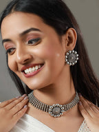 Priyaasi Women Oxidised Silver Floral Multilayer Chain Jewellery Set - Swadesiicart