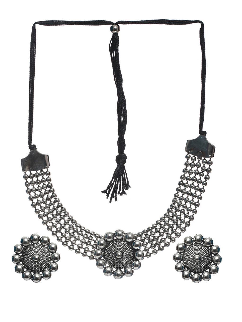 Priyaasi Women Oxidised Silver Floral Multilayer Chain Jewellery Set - Swadesiicart