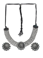 Priyaasi Women Oxidised Silver Floral Multilayer Chain Jewellery Set - Swadesiicart