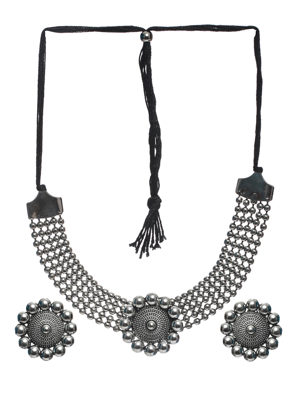 Priyaasi Women Oxidised Silver Floral Multilayer Chain Jewellery Set - Swadesiicart