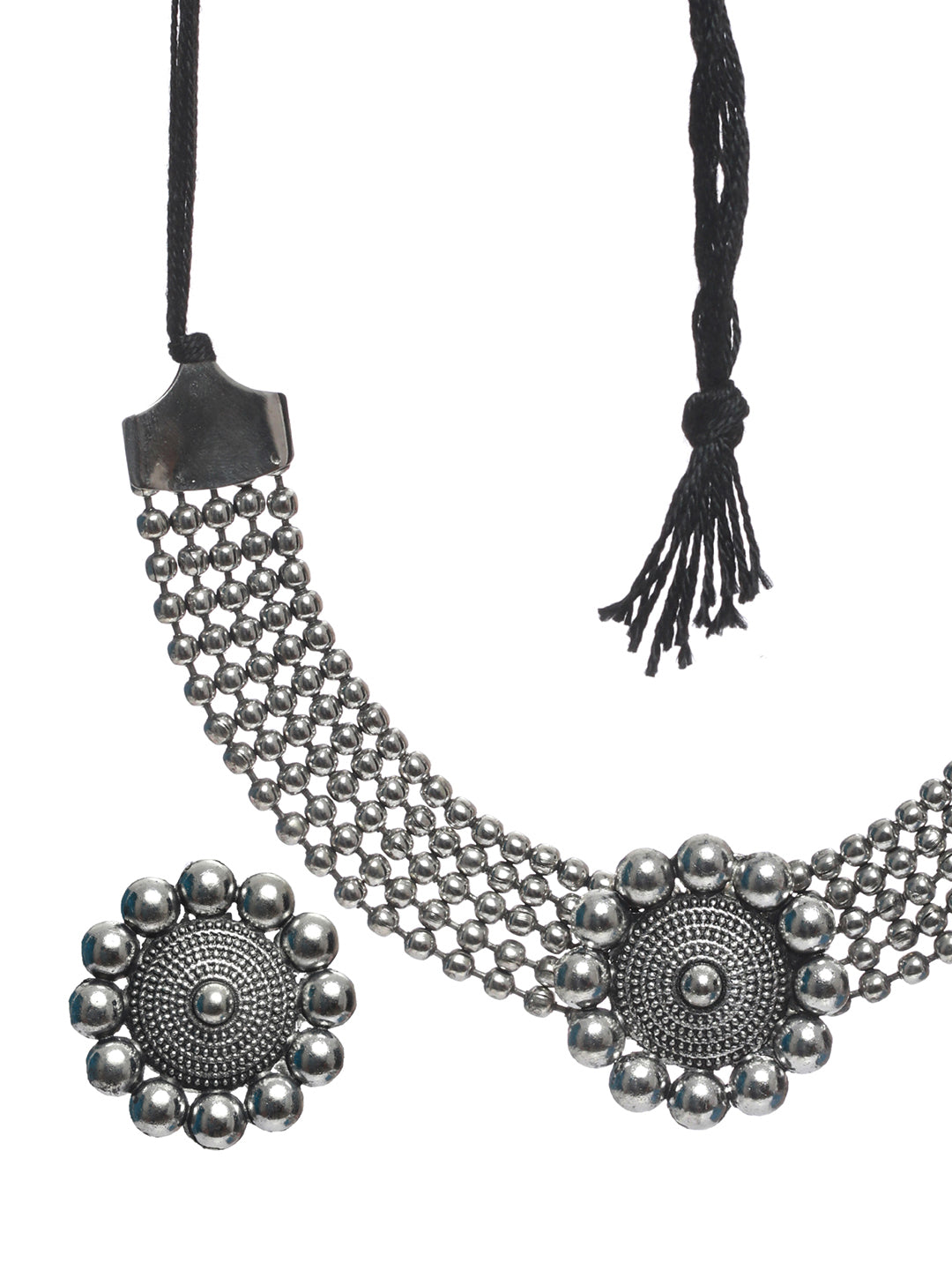 Priyaasi Women Oxidised Silver Floral Multilayer Chain Jewellery Set - Swadesiicart