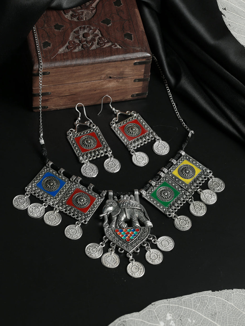 Priyaasi Women Oxidised Silver Multicolor Floral Elephant Pattern Jewellery Set - Noz2Toz