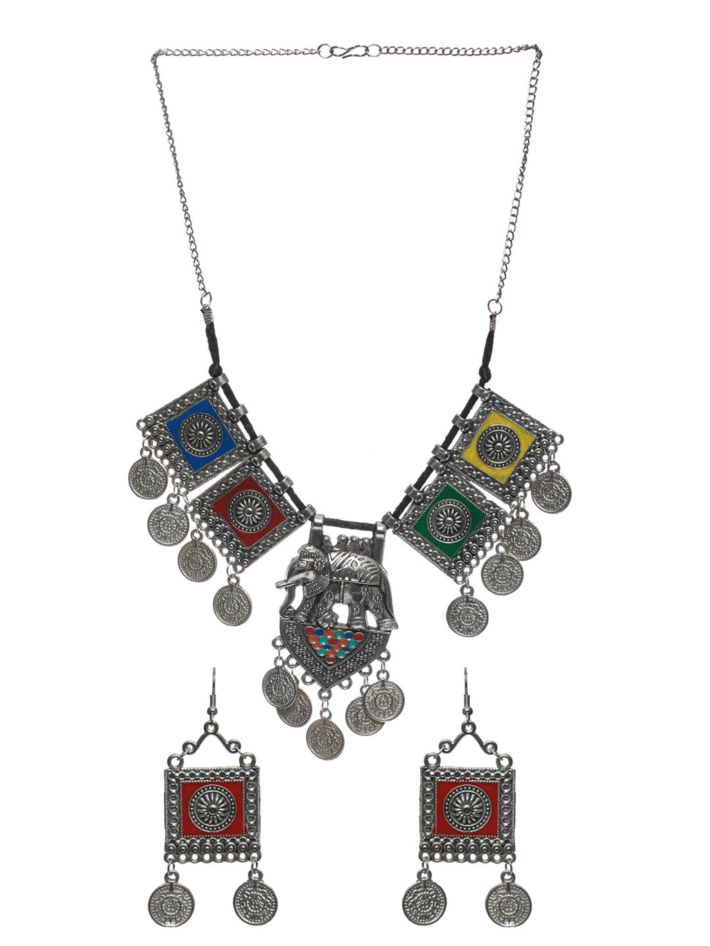 Priyaasi Women Oxidised Silver Multicolor Floral Elephant Pattern Jewellery Set - Swadesiicart
